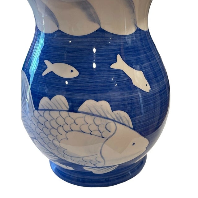 1990s Vintage Mid-Century Modern Jay Willfred Andrea by Sadek Blue & White Fish Hand Painted Pitcher For Sale - Image 5 of 7