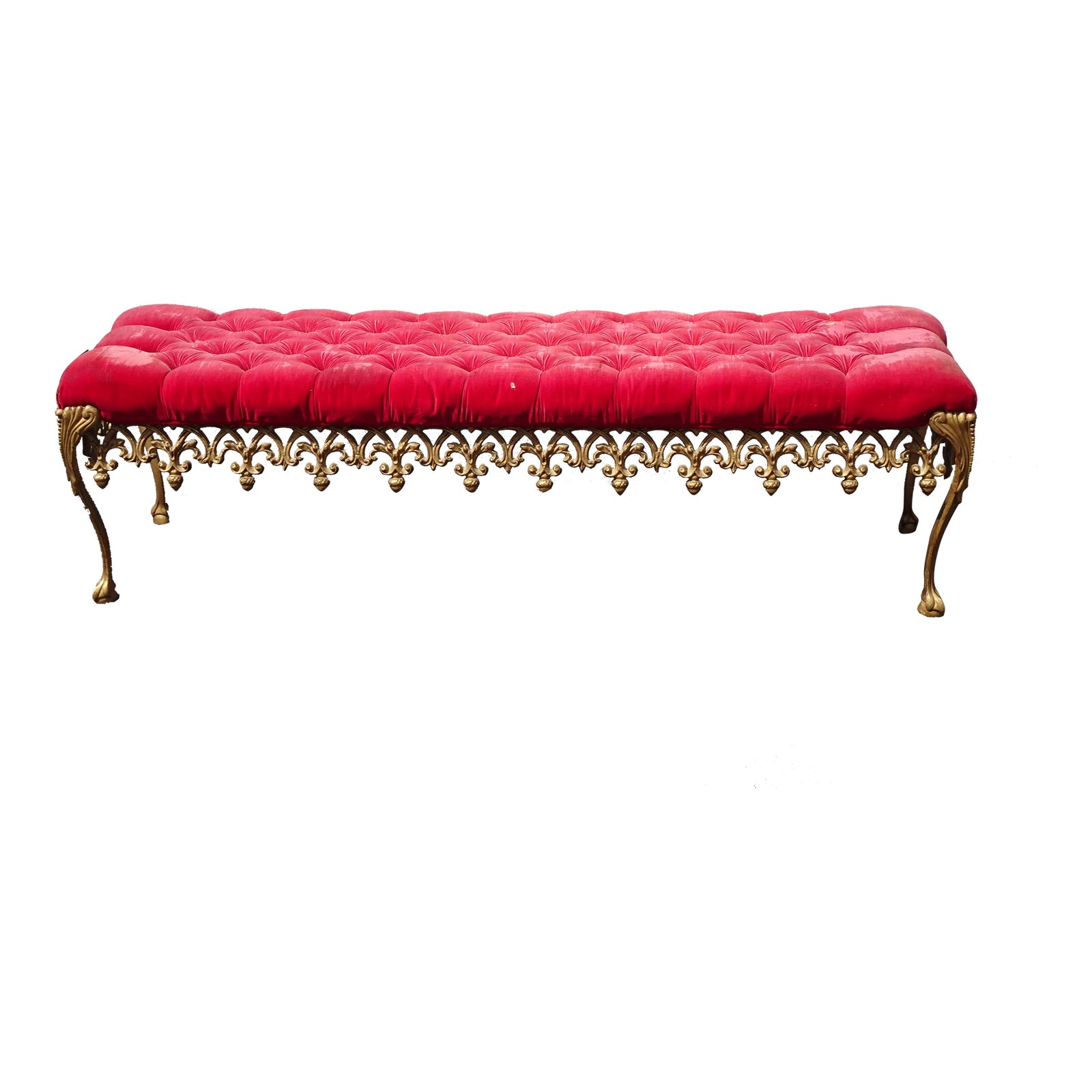 Vintage French Hollywood Regency Bed Side Red Velvet Bench Gold Cast ...