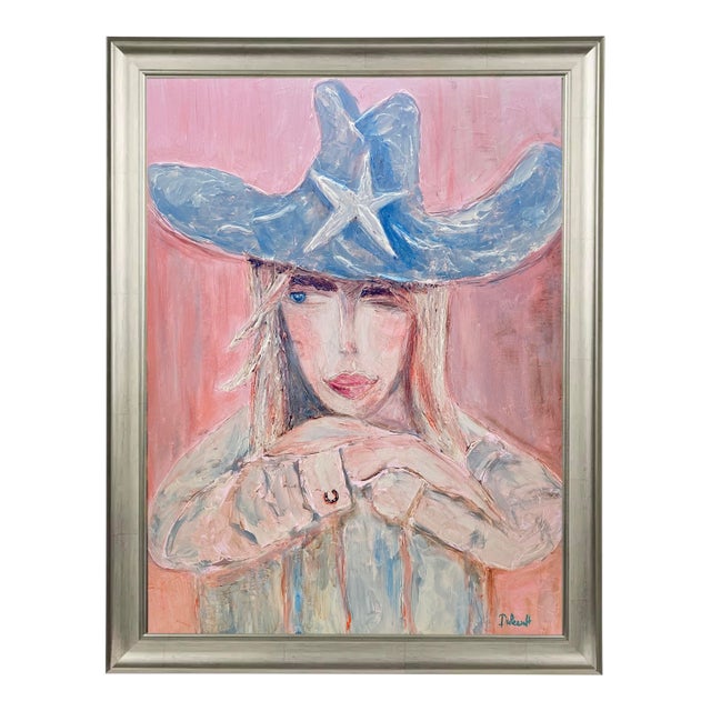 Coastal Cowgirl Original Painting, Western Fashion Art, Pink Blue Wall Decor by Tatiana Duperault For Sale