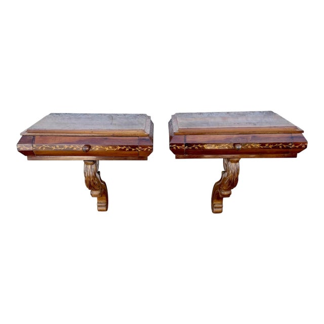 Spanish Wall-Mounted Wood Nightstands with Floral Inlay, 1930, Set of 2 For Sale - Image 10 of 10