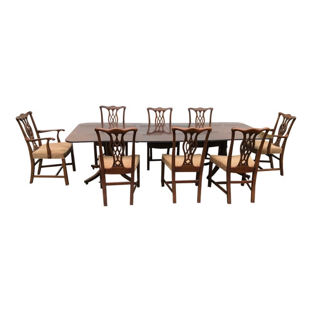 Georgian Double Pedestal Dining Table W 8 Chippendale Chairs Chairish