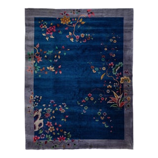 Navy Blue Antique Art Deco Chinese Handmade Floral Wool Rug For Sale