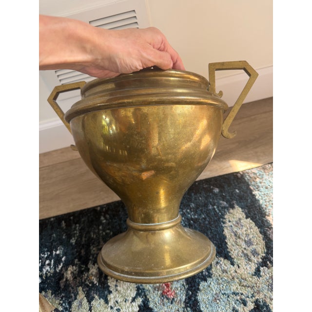 Vintage Neoclassical Solid Brass Pedestal Urn Planter With Geometric Handles For Sale - Image 9 of 9