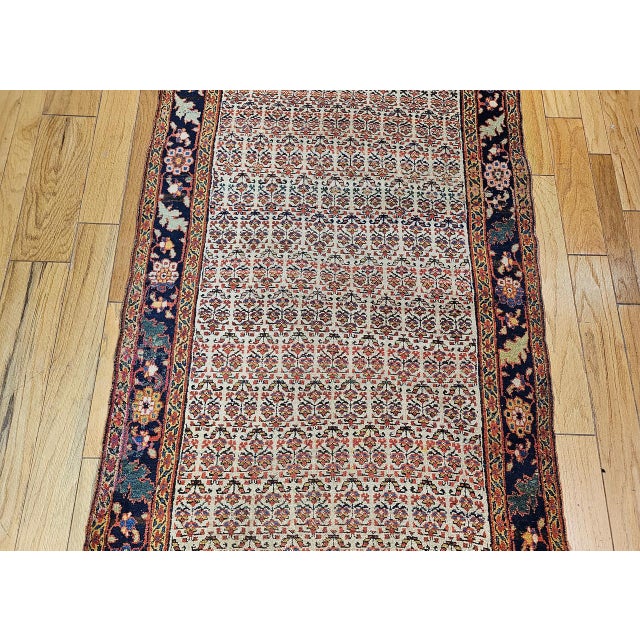 19th Century Persian Bidjar Wide Runner, Hand-Knotted Wool, Allover Paisley Pattern, Ivory & Navy, 4x14 For Sale - Image 11 of 18
