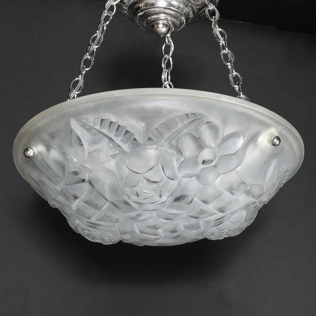 Art Deco Frosted Glass Floral Cubist Chandelier W/ Chrome Fittings Signed Degué For Sale - Image 14 of 18