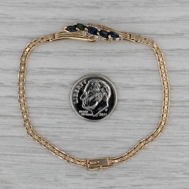 1.01ctw Blue Sapphire Diamond Bracelet 14k Yellow Gold Bismarck Chain 6.75" For Sale - Image 4 of 6