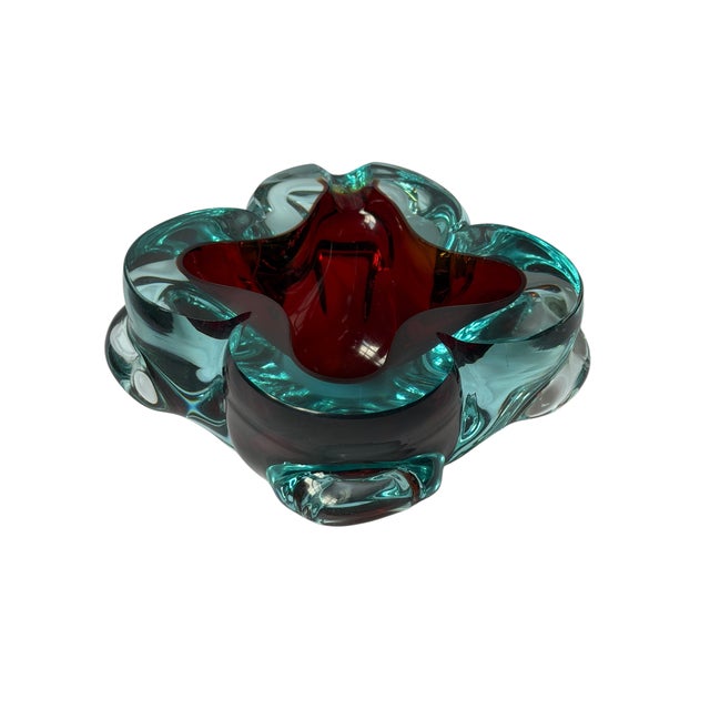 1960s Italian Murano Sommerso Ruby Red & Aqua Art Glass Bowl / Ashtray For Sale - Image 15 of 18