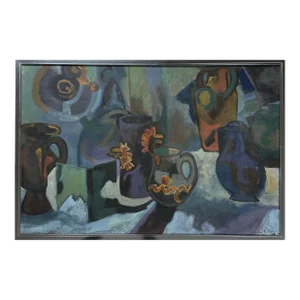 Vintage Modernist Still Life With Vases and Flowers, Signed (Oil on Canvas, Framed)