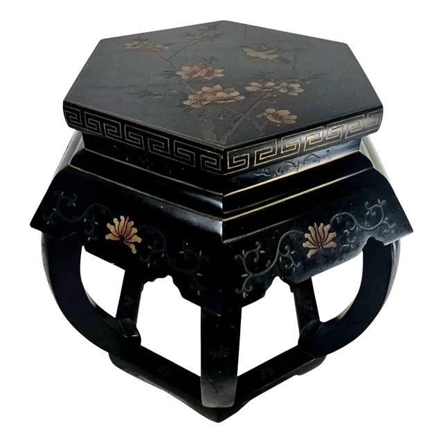 Mid-Century Chinese Lacquered Hexagon Side Table – 18” Floral Inlay Accent For Sale