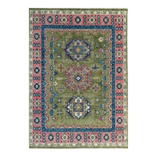 9x12 Ava Kazak Light Green Hand Knotted Wool Geometric Medallion Carpet Rug For Sale