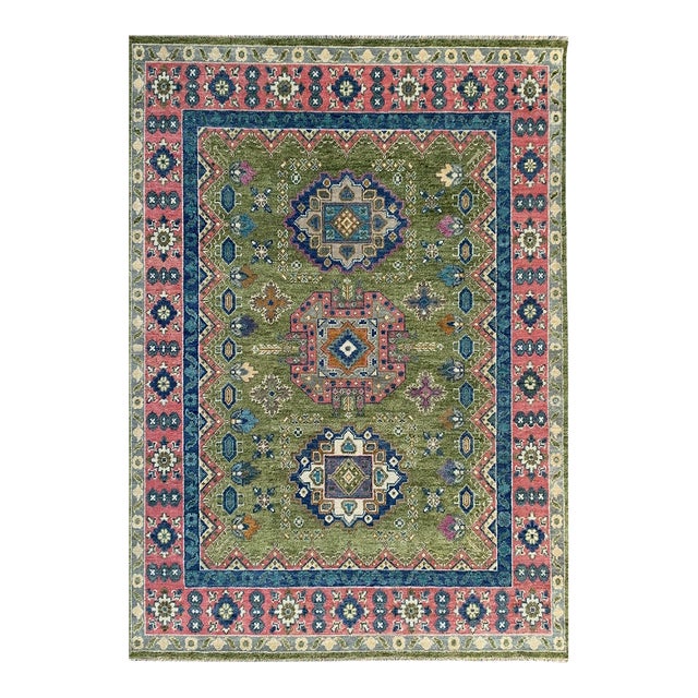 9x12 Ava Kazak Light Green Hand Knotted Wool Geometric Medallion Carpet Rug For Sale
