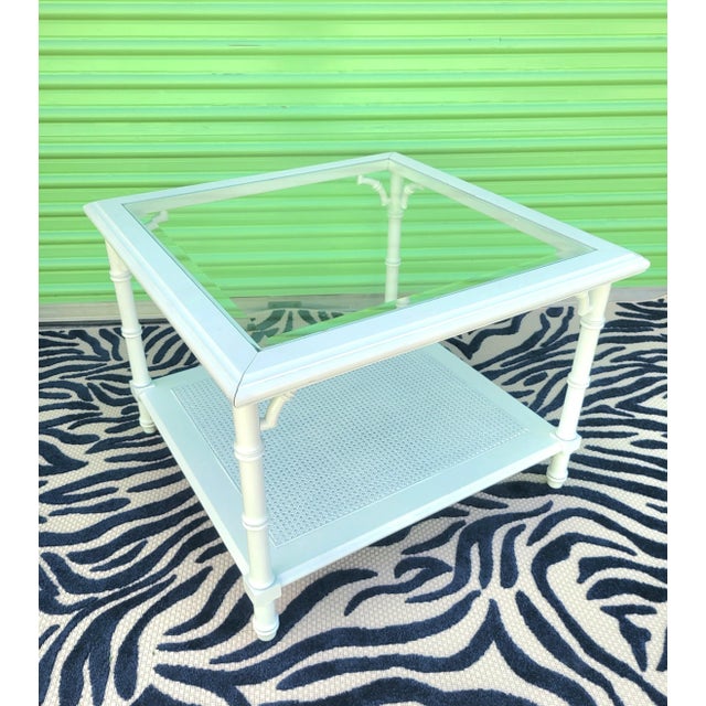 Vintage Faux Bamboo Regency Oversized White Glass Top Cane Bottom Shelf Square Side Coffee Tables- a Pair For Sale - Image 11 of 12