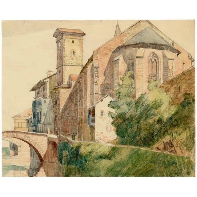 An original 1920 watercolour painting, Eleanor Hughes RI, Saint-Jean-Pied-de-Port, Pyrenees, France.A fantastic drawing in...