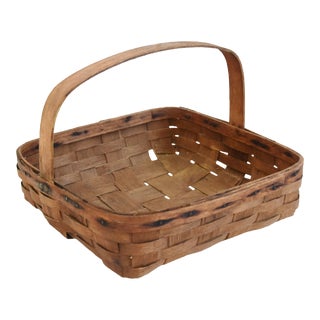 Antique 19th-Century Woven Wood Splint Gathering Basket With Handle For Sale