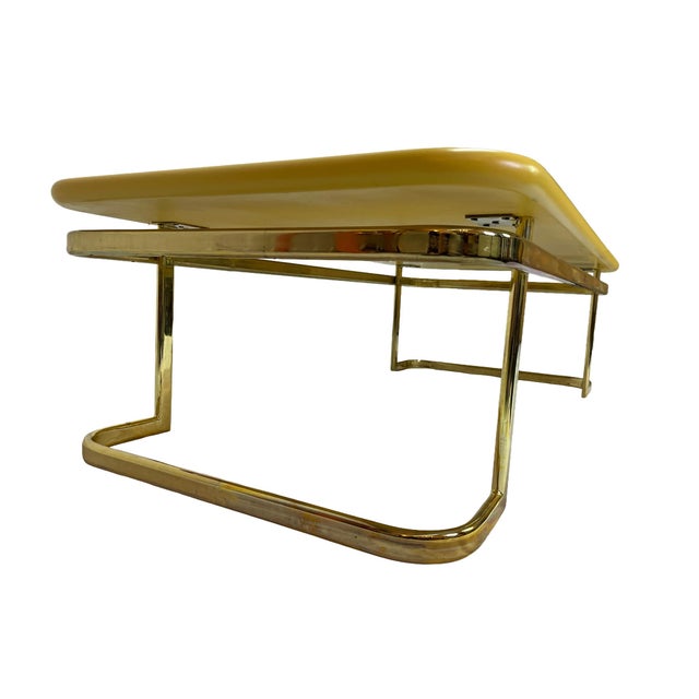 Yellow 1970s Lane Furniture Lemon Yellow Lacquered Wood Coffee Table With Brass-Tone Metal Base For Sale - Image 8 of 13