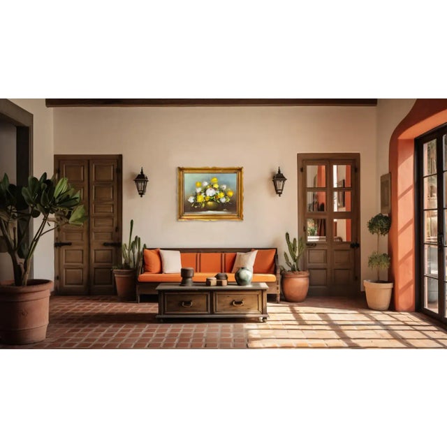 A timeless still life oil on canvas painting featuring a round vase in copper color filled with beautiful yellow and white...