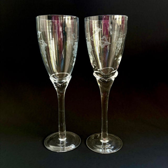 Glass Vintage Handmade Etched Grapevine Champagne Glasses With Tulip Stems – Set of 2 For Sale - Image 7 of 12