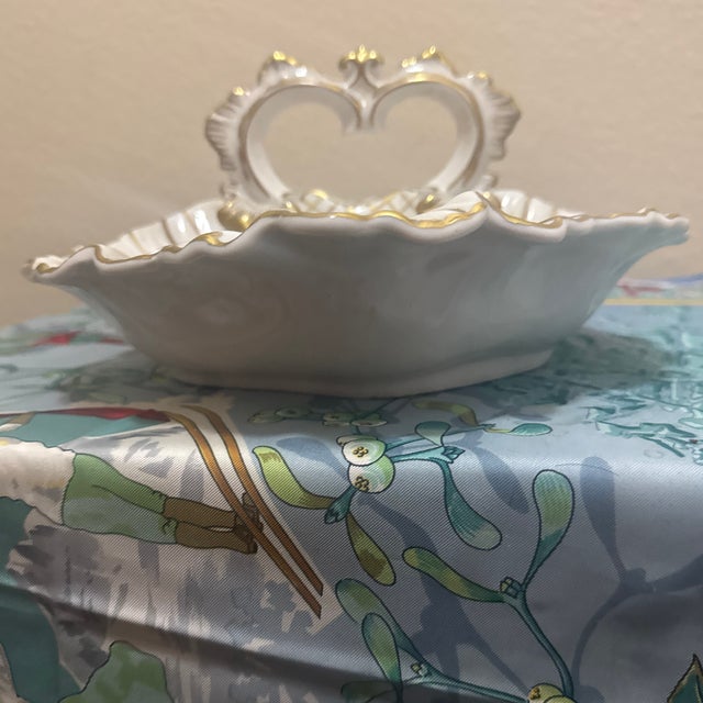 Antique White & Gold Porcelain Divided Serving Dish With Ornate Gilt Handle For Sale - Image 4 of 7