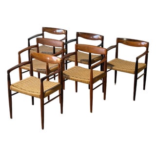 In Style of h.w. Klein for Bramin Teak and Rosewood Woven Cord Dining Armchairs Set of 6 Danish Mid-Century Modern 1960s For Sale