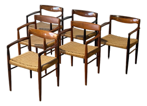 In Style of h.w. Klein for Bramin Teak and Rosewood Woven Cord Dining Armchairs Set of 6 Danish Mid-Century Modern 1960s