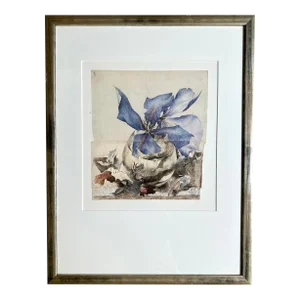 Horst Janssen Blue Floral 1987 Offset Lithograph Germany, Framed