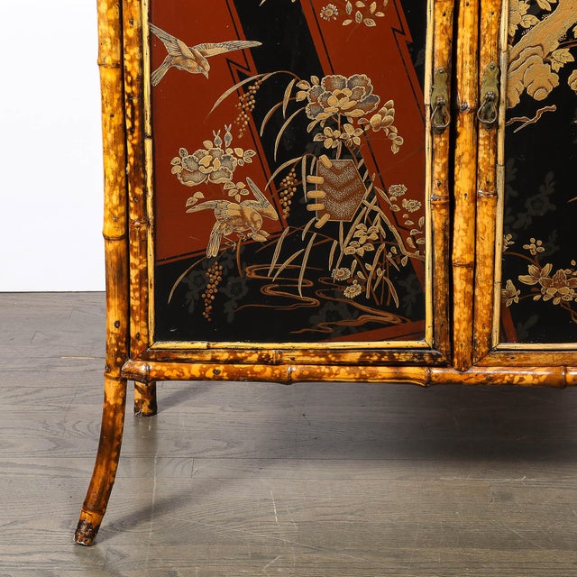 Art Deco Art Deco Bamboo & Cubist Red & Black Geometric Detailed Gilt Chinoiserie Cabinet For Sale - Image 3 of 18