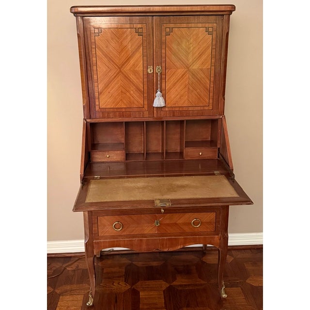 c. 1850 French antique secretaire in the English style with abattant (drop-leaf) desk writing surface with original key...