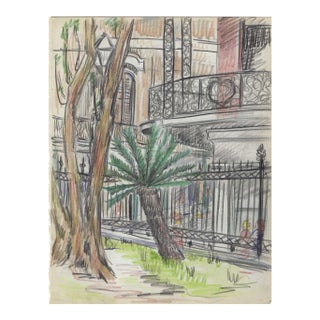 1940s Grace Spongberg Corner of Jackson Square New Orleans Drawing For Sale