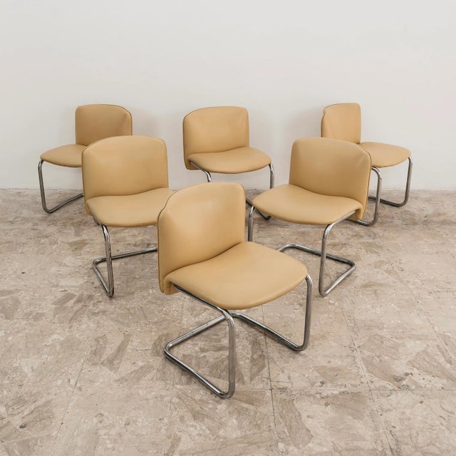Beige Vintage Cantilever Chairs in Chromed Steel and Faux Leather, 1970s, Set of 6 For Sale - Image 8 of 9