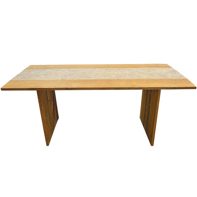 Reclaimed teak wood with added shell inlay on the top and legs. Hand cut shell is inlaid into the teak wood on this...