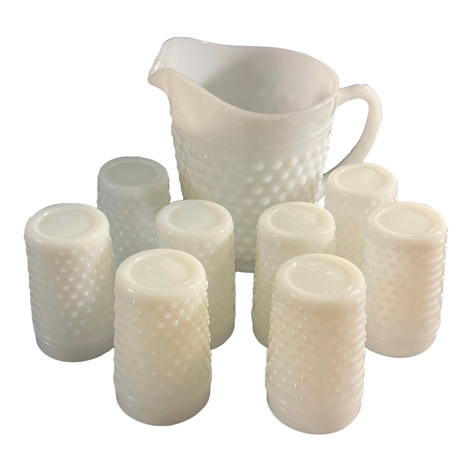 Vintage Milk Glass Lemonade Set, Hobnail Glass Pitcher & Tumblers by
