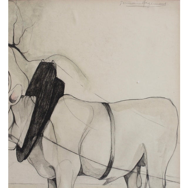 1930s Germaine Hageman, Idyllic Landscape with Ox and Figures, 1940s, Pencil and Gouache on Paper, Framed For Sale - Image 5 of 17