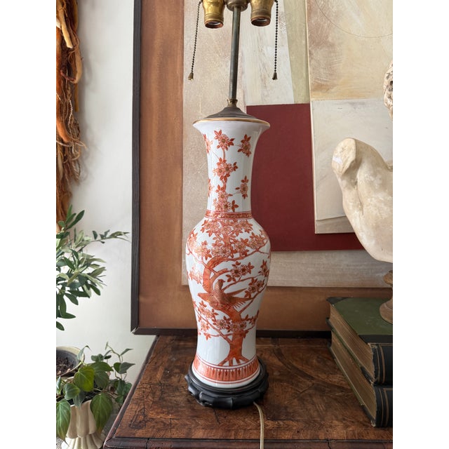 Chinoiserie Vintage Chinoiserie Cherry Blossom Bird Table Lamp, Cinnamon and White Asian Floral Ceramic Lamp For Sale - Image 3 of 11