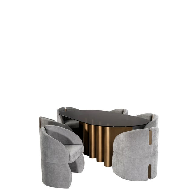 Romeo Glass Top Sculptural Oval Dining Table Set with 6 Gray Velvet Chairs For Sale - Image 4 of 11
