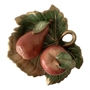Vintage Fitz & Floyd Apple Pear Salt and Pepper Shakers With Leaf Serving Dish Set- 3 Pieces