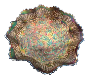 Blue Carnival Glass Two Flowers Pattern Bowl 1913