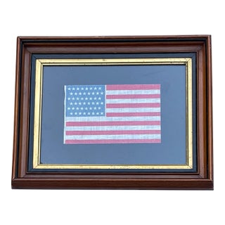 Antique American Flag 1912 Gauze Staggered 48 Star Glazed Cotton in Walnut Frame For Sale