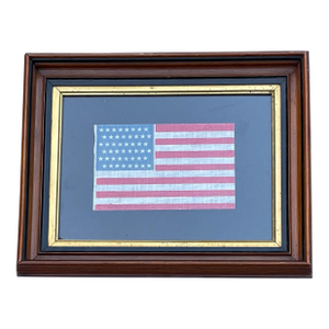 Antique American Flag 1912 Gauze Staggered 48 Star Glazed Cotton in Walnut Frame