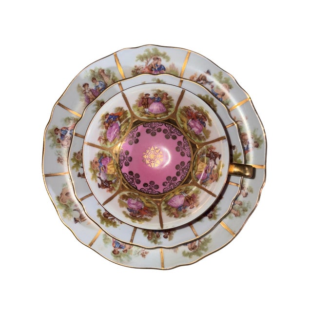 Rococo 1920s Pink JKW Bavaria Love Story Tea Cup, Saucer and Salad Plate For Sale - Image 3 of 8