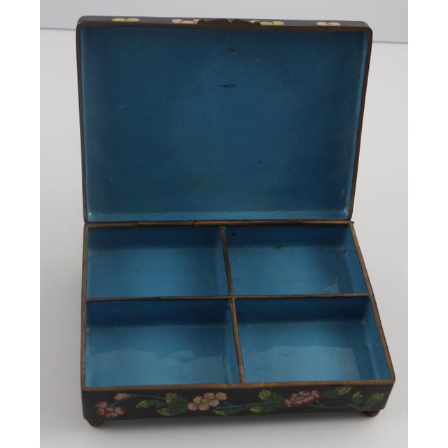 Chinese Vintage Chinese Cloisonné Enamel Jewelry Box With Floral Motif, Divided Interior & Brass Feet For Sale - Image 3 of 8
