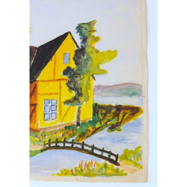 Mid-Century Scandinavian Folk Art in somewhat naive style. Original ca 1950 Expressionist Original Water Color Painting on...
