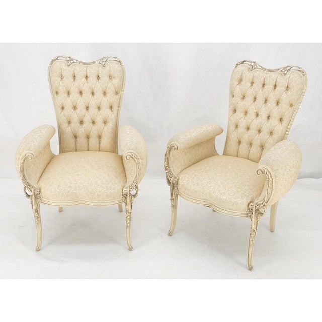 Pair Rococò Louis XVI Style Tufted Pierce Carved Backs Off White Fireside Chairs For Sale - Image 6 of 12