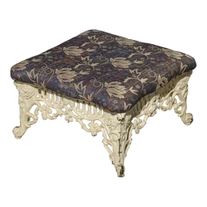 Vintage French Country Farmhouse White Cast Iron Footstool W Floral Fabric