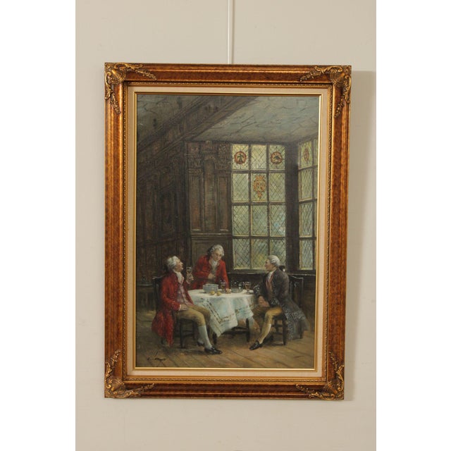 Quality Custom Framed Painting of Three Men Imbibing, After Frank Moss Bennett, Signed Bottom Left
