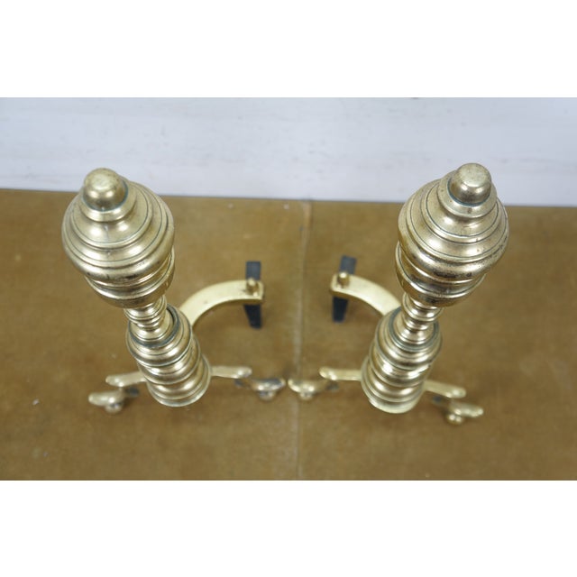 Brass Antique Georgian Colonial Revival Brass Beehive Fire Dog Andirons - a Pair For Sale - Image 8 of 14