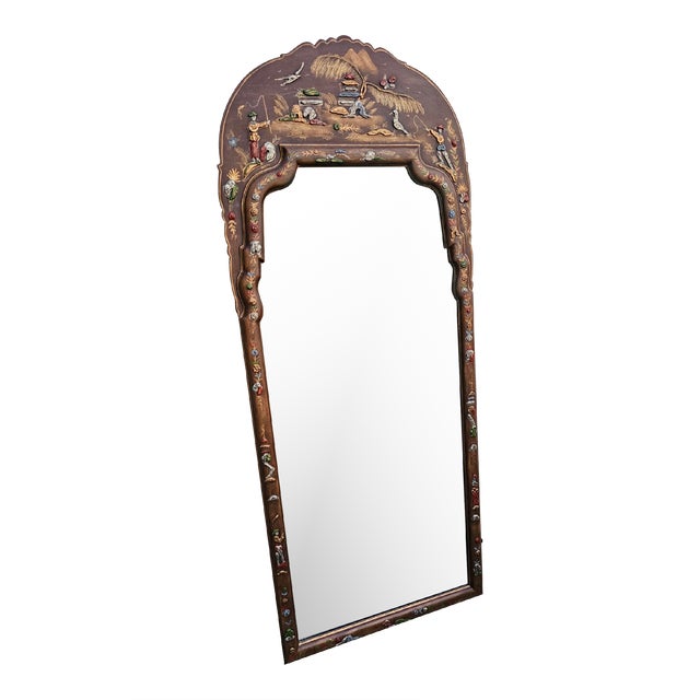 Vintage Hand-Painted Embossed Two-Plate Chinoiserie Mirror For Sale