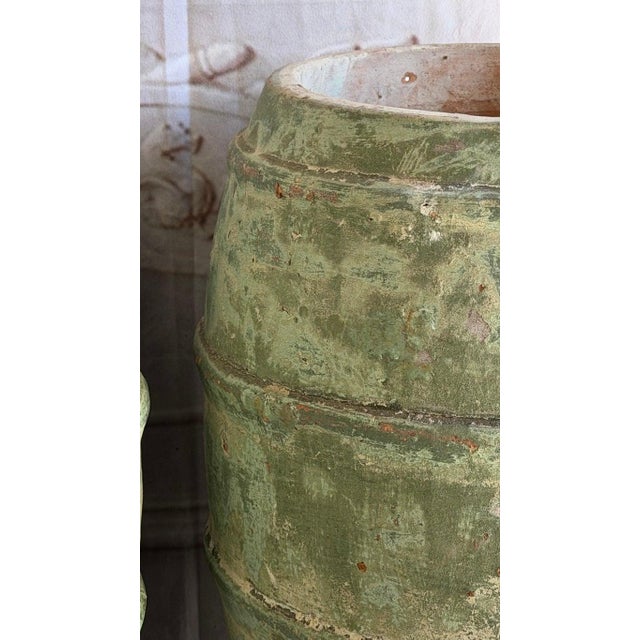 Pair of Mediterranean Barrel Olive Jars - Heavily Patinated Verdigris Terracota For Sale - Image 10 of 14