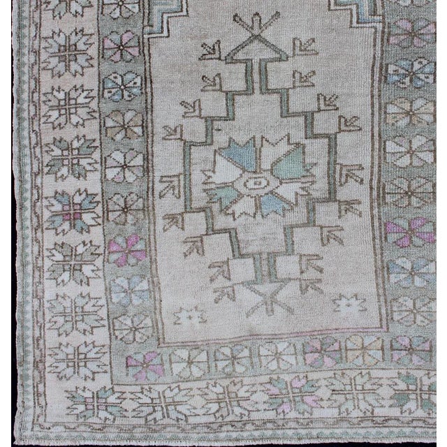 Tribal Tribal Vintage Turkish Oushak Square Rug With Medallion in Soft Green and Creams For Sale - Image 3 of 11
