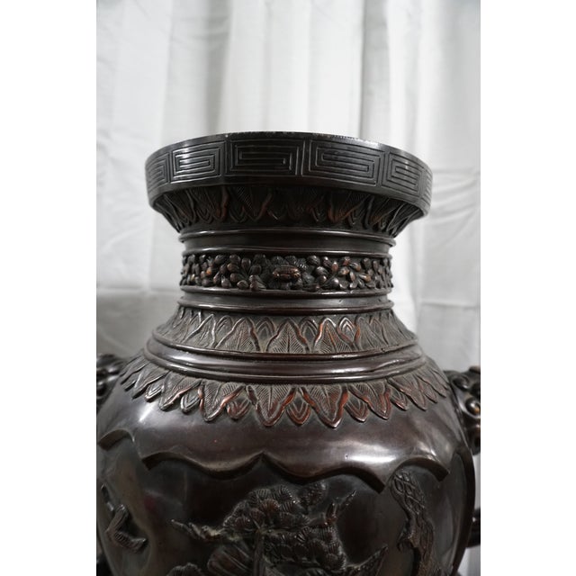 Japanese Monumental Japanese Patinated Bronze Crane Floor Vase With Shishi Lion Handles | Meiji Style For Sale - Image 3 of 12