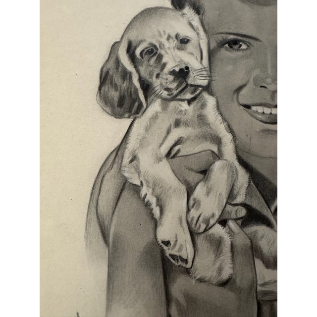 American 1940s Original Signed Graphite Illustration of Boy Holding Puppy, 12 × 9 In. For Sale - Image 3 of 6